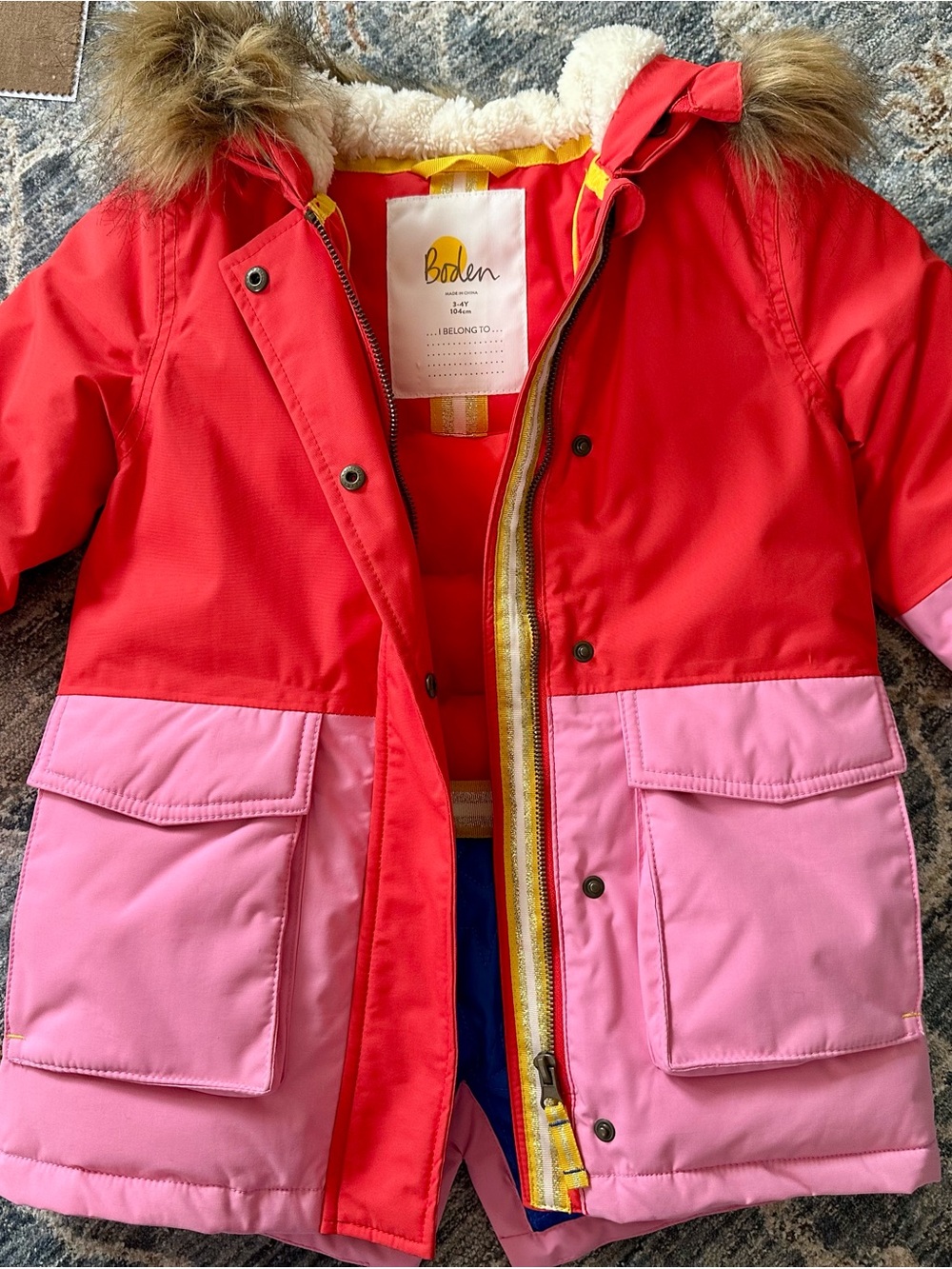 Boden Red and Pink Colorblock Hooded Puffer Coat with Faux-Fur Trim